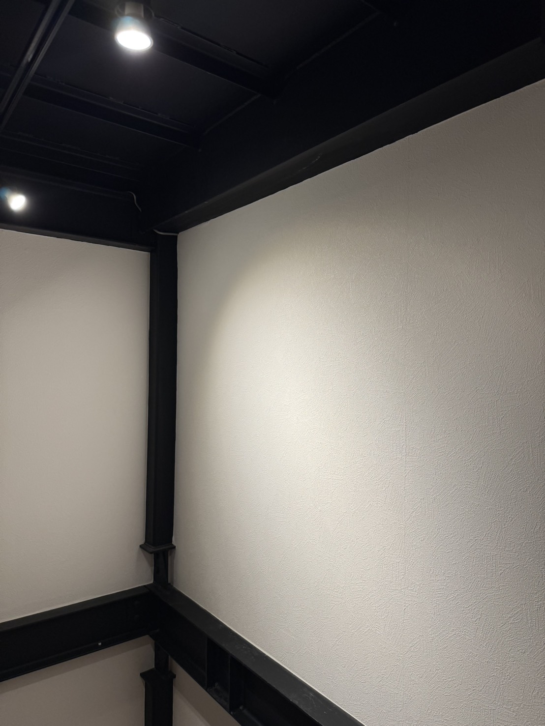 絵を飾るための照明が当たる階段の白い壁